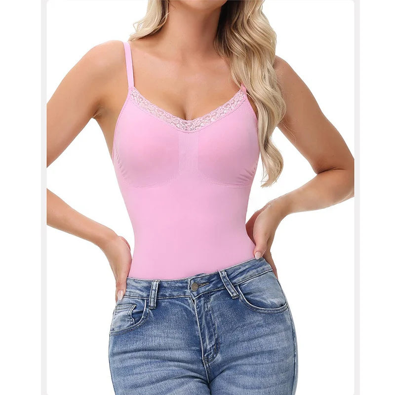 Guudia Lace Bodysuit Lace Tank Bodysuit Snap Button Crotch Spaghetti Strap Tank Top Camisole Cute Sleeveless V Neck Cami Top